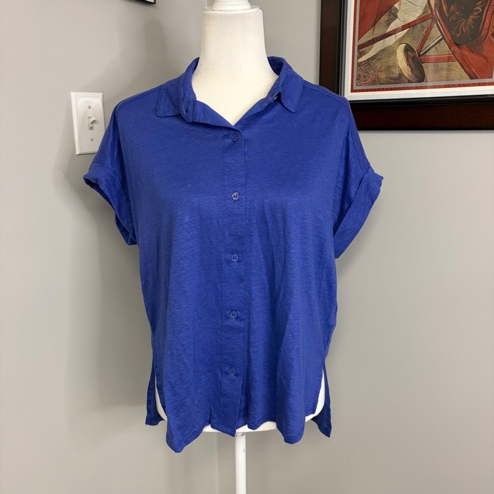 Majestic Filatures Blue Linen Blend Button Down Shirt M011-FCH121 Size 3 L